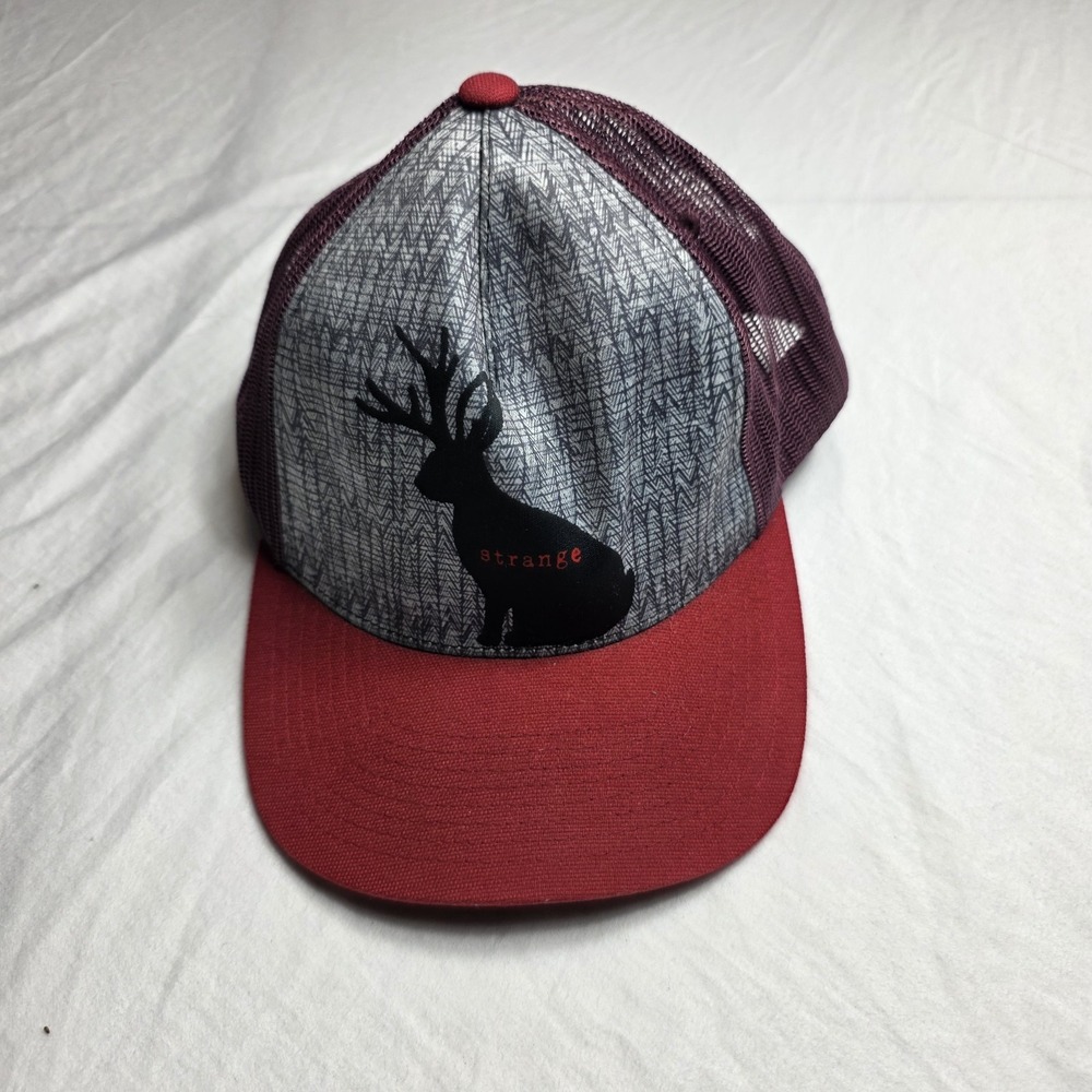 PRANA Journeyman Trucker Hat "Strange" Jackrabbit Maroon Mesh SnapBack